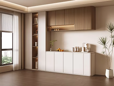 Modern Sideboard With Wooden Upper Cabinets White Lower Storage Open Shelves And Green Plant 3d model