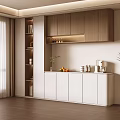 Modern Sideboard With Wooden Upper Cabinets White Lower Storage Open Shelves And Green Plant