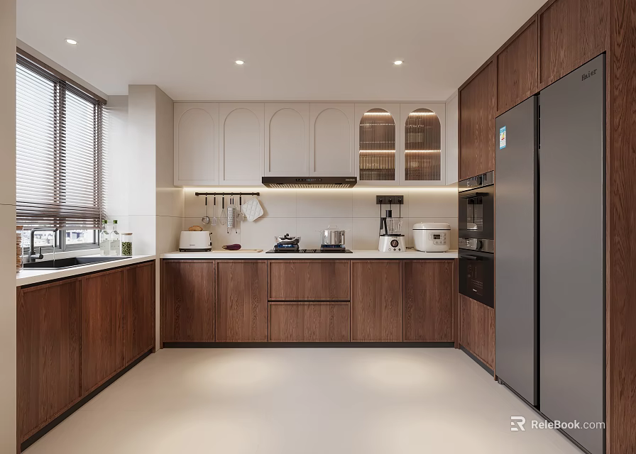 Modern Kitchen Interior With Wooden Cabinets White Countertops Window Blinds And Appliances 3d model 