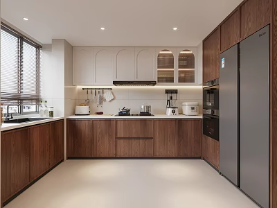 Modern Kitchen Interior With Wooden Cabinets White Countertops Window Blinds And Appliances 3d model