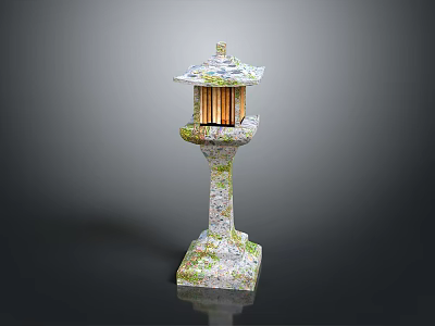 Vintage Japanese Stone Lantern With Moss Covered Base And Wooden Lattice Design 3d model
