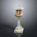 Vintage Japanese Stone Lantern With Moss Covered Base And Wooden Lattice Design