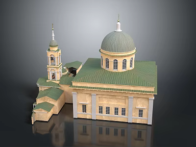 Cartoon Style Building Scene Featuring Green Dome Bell Tower And Yellow Main Structure With Windows 3d model