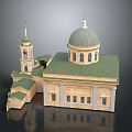 Cartoon Style Building Scene Featuring Green Dome Bell Tower And Yellow Main Structure With Windows