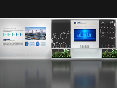 Event Display Wall With Infographics City Images Screen And Green Plants 3d model