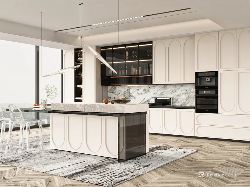 Modern Kitchen Interior Design With Marble Island White Cabinets And Black Appliances 3d model 