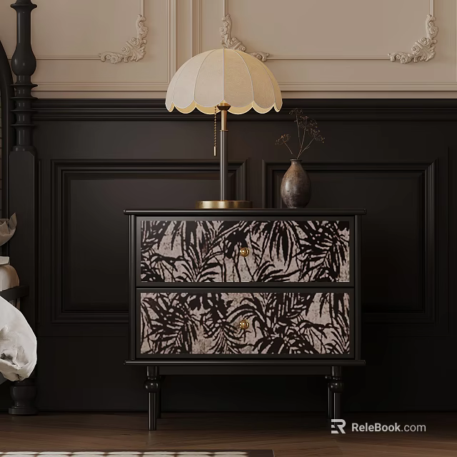 Wooden Leaf Pattern Cabinet with Gold Table Lamp and Vase on Dark Decorative Wall 3d model 