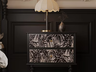 Wooden Leaf Pattern Cabinet with Gold Table Lamp and Vase on Dark Decorative Wall 3d model
