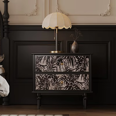 Wooden Leaf Pattern Cabinet with Gold Table Lamp and Vase on Dark Decorative Wall 3d model