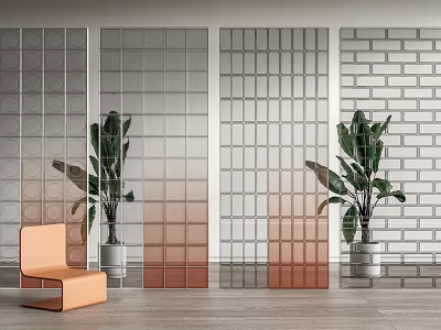 Modern Glass Room Divider With Gray Orange Gradient And Green Plants Orange Chair 3d model