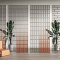 Modern Glass Room Divider With Gray Orange Gradient And Green Plants Orange Chair