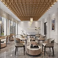 Modern Service Hall Interior With Wooden Lattice Ceiling Chandeliers Large Windows Sofas And Coffee Tables