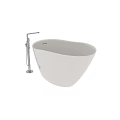 White Freestanding Bathtub With Silver Faucet On Gray Herringbone Floor And Gray Wall