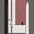 Modern Entryway Hallway With Dark Brown Door Burgundy Wall White Countertop Astronaut Figurine Greenery Vase