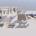 Classical Architectural Models Displayed On White Platforms With Detailed Columns And Intricate Designs