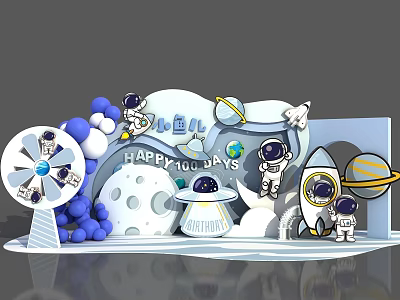 Space Theme Photo Check-in Spot With Astronauts Rocket Planets Moon And Balloons 3d model