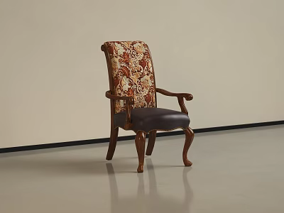 Classic Upholstered Armchair Featuring Floral Pattern Backrest Leather Cushion And Wooden Legs 3d model