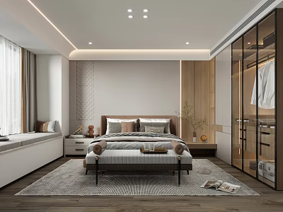 Modern Minimalist Bedroom Interior With Comfortable Bed Glass Door Wardrobe Wooden Accent And Recessed Lights 3d model