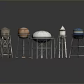 Various Water Tower Models With Diverse Designs And Metal Frame Structures