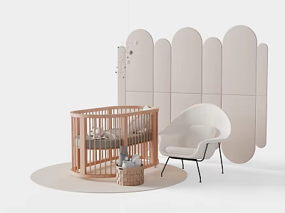 Cozy Kids Room Interior With Wooden Crib White Chair Arched Wall And Round Rug 3d model