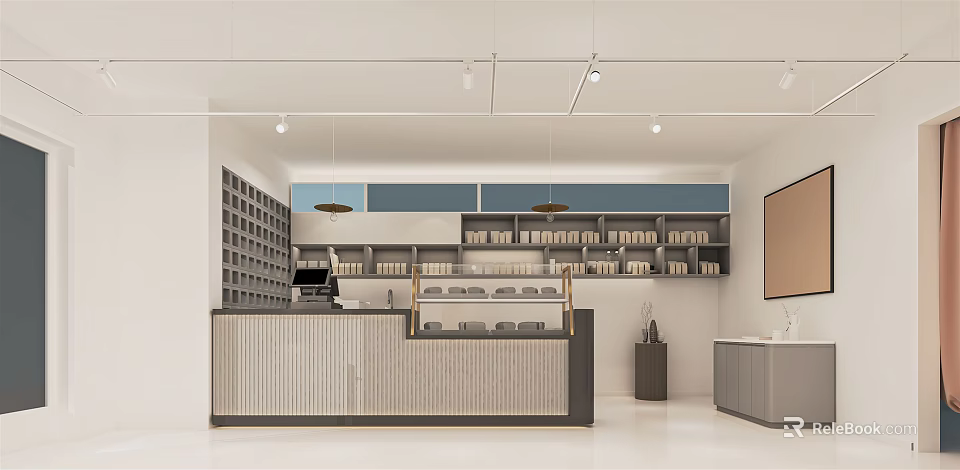 Modern Dessert Shop Interior with Open Counter Wooden Shelves and Displayed Sweets 3d model 