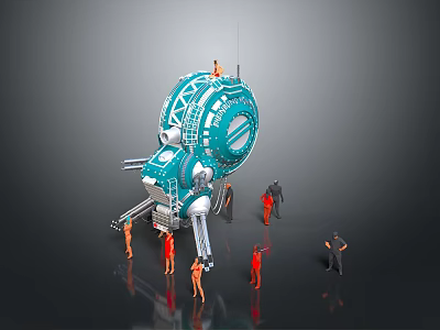 Futuristic Blue Spacecraft Module With Astronaut Team Conducting Maintenance Checks 3d model