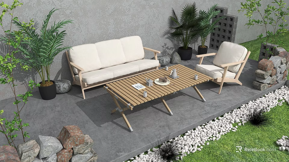 Beige Outdoor Sofa Set With Wooden Coffee Table And Green Plants On Stone Patio 3d model 