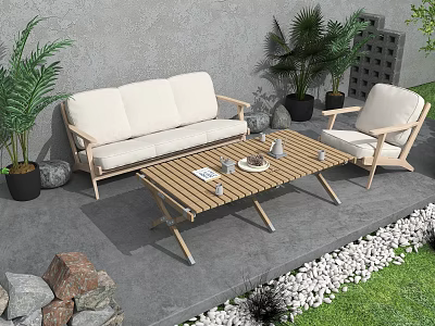 Beige Outdoor Sofa Set With Wooden Coffee Table And Green Plants On Stone Patio 3d model