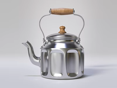 Silver Modern Teapot With Wooden Handle And Lid Hollow Minimalist Design 3d model
