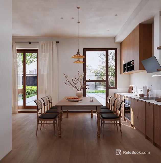 Modern Dining Area With Pendant Light Wooden Cabinets Dining Table Chairs Large Windows Natural Light 3d model 
