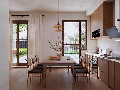 Modern Dining Area With Pendant Light Wooden Cabinets Dining Table Chairs Large Windows Natural Light 3d model