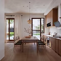 Modern Dining Area With Pendant Light Wooden Cabinets Dining Table Chairs Large Windows Natural Light