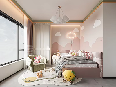 Modern Kids Room Interior With Cloud Decorations Pink Walls Bed Toys And White Chandelier 3d model