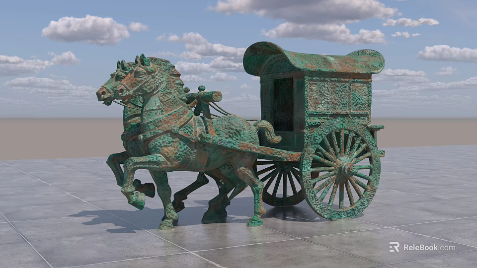 Ancient Bronze Landscape Sculpture With Two Horses Pulling Carriage On Stone Floor Against Cloudy Sky 3d model 