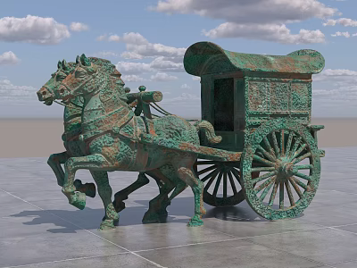 Ancient Bronze Landscape Sculpture With Two Horses Pulling Carriage On Stone Floor Against Cloudy Sky 3d model