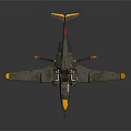 Green Body Passenger Airplane with Yellow Nose Wing Tips Twin Wings Cockpit Gray Background Reflection