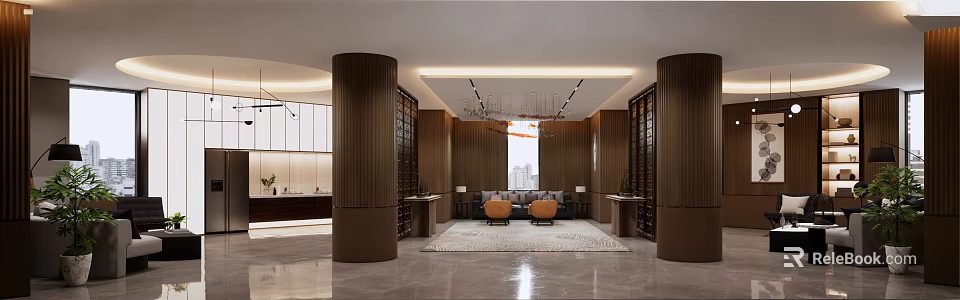 Luxury Lobby Interior With Brown Columns Chandelier Grey Sofa Marble Floor And City View 3d model 