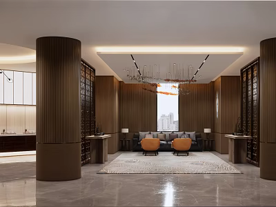 Luxury Lobby Interior With Brown Columns Chandelier Grey Sofa Marble Floor And City View 3d model