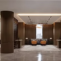 Luxury Lobby Interior With Brown Columns Chandelier Grey Sofa Marble Floor And City View