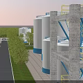 Industrial Factory Site Featuring White Storage Tanks Blue Bases Yellow Stairs Concrete Structures Green Trees