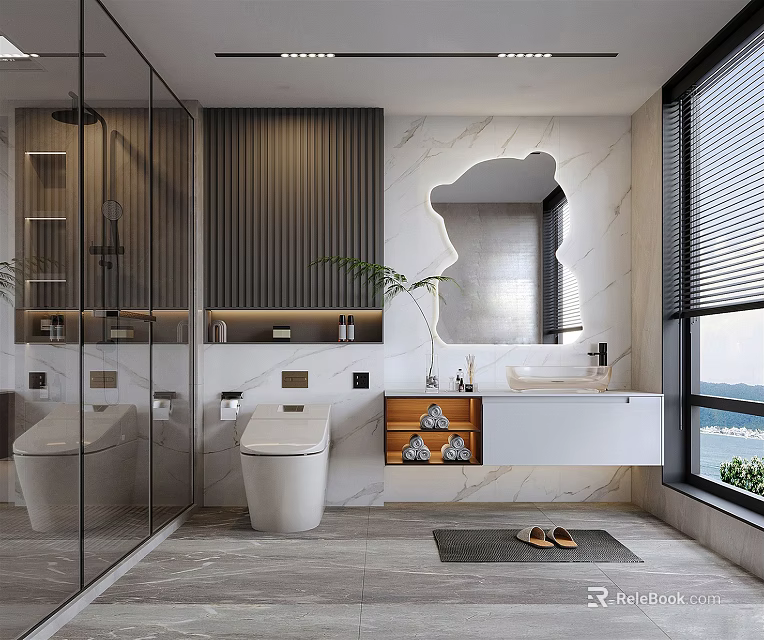 Modern Bathroom Interior Featuring Glass Shower Marble Wall Decorative Mirror Vanity Wooden Shelf And Plants 3d model 