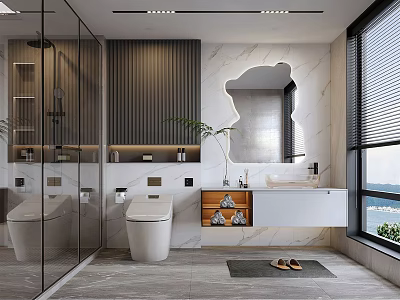 Modern Bathroom Interior Featuring Glass Shower Marble Wall Decorative Mirror Vanity Wooden Shelf And Plants 3d model
