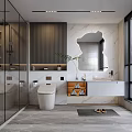 Modern Bathroom Interior Featuring Glass Shower Marble Wall Decorative Mirror Vanity Wooden Shelf And Plants