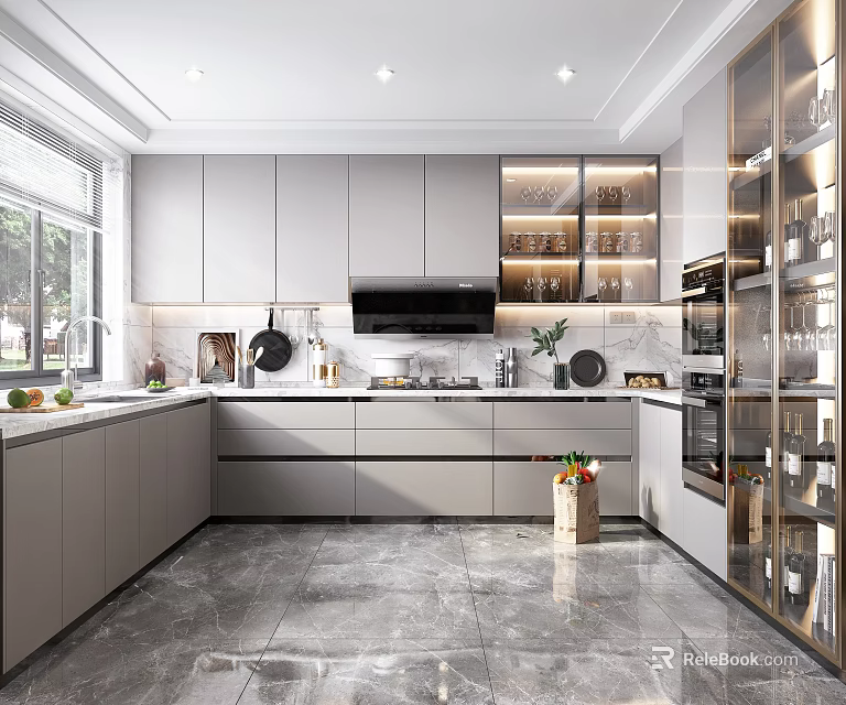 Modern Kitchen Interior Design With Gray Cabinets Marble Countertops And Glass Display Cabinets 3d model 