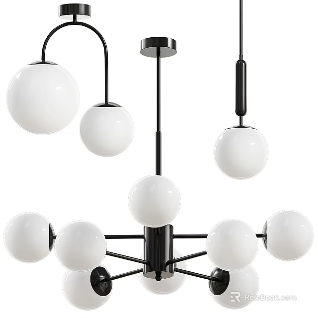 Modern Chandelier With White Globe Shades And Black Metal Hanging Frame 3d model 
