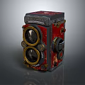 Vintage Twin Lens Digital Camera with Red Black Retro Design and Metal Accents