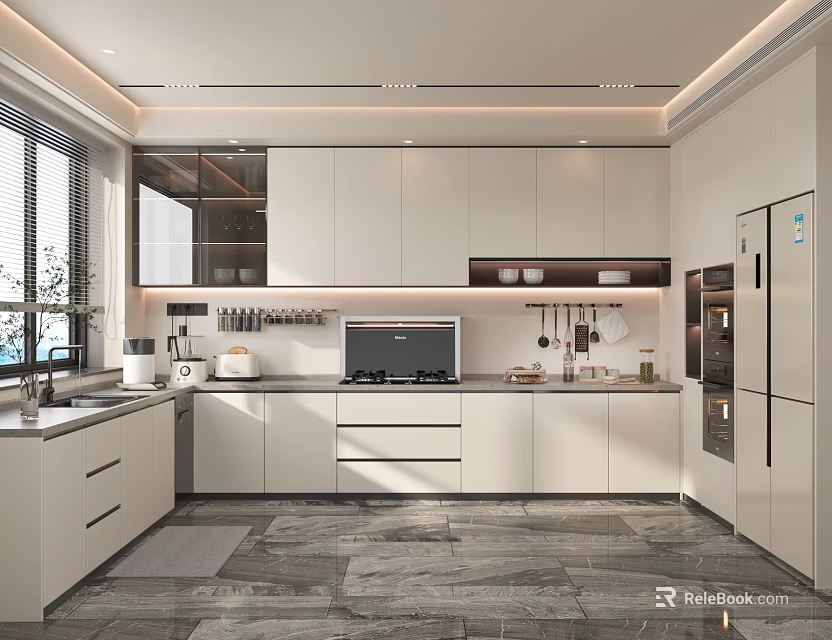 Modern Kitchen Interior With White Cabinets Countertop Gray Floor And Appliances 3d model 