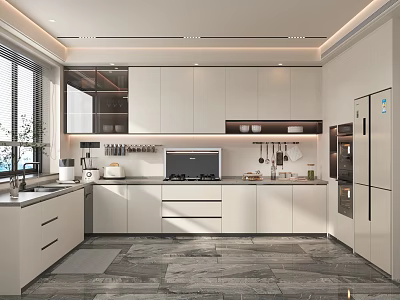 Modern Kitchen Interior With White Cabinets Countertop Gray Floor And Appliances 3d model