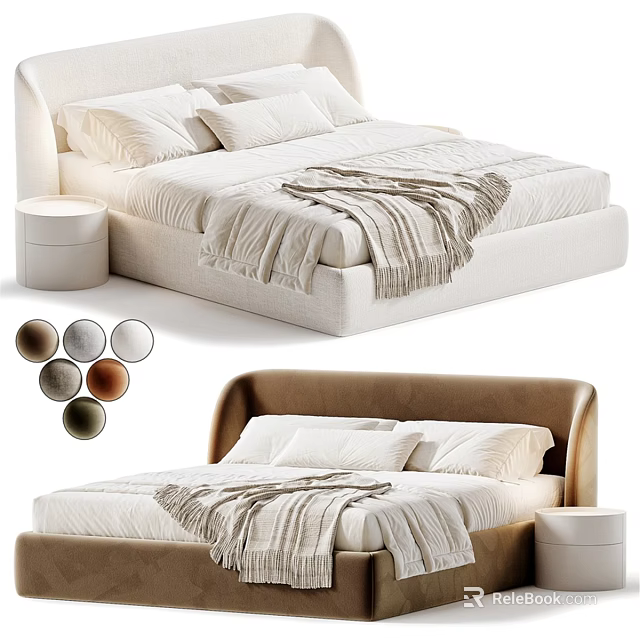 Modern Double Bed With Multiple Color Options Soft Pillows Cozy Blanket and Round Nightstand 3d model 