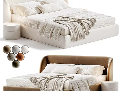 Modern Double Bed With Multiple Color Options Soft Pillows Cozy Blanket and Round Nightstand 3d model